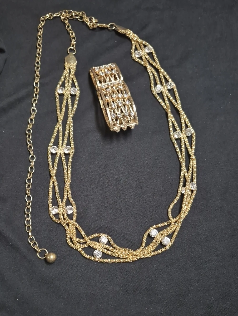 Gold-Tone Crystal Multi-Strand Necklace with Matching Bracelet